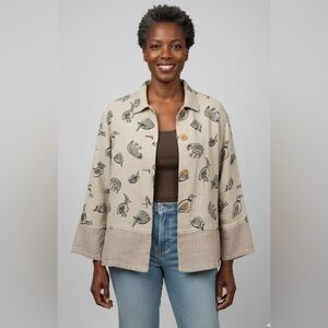 BETS by Canvasbacks Taupe Black 4 Wood Button Bird Fish Linen Boxy Jacket Medium